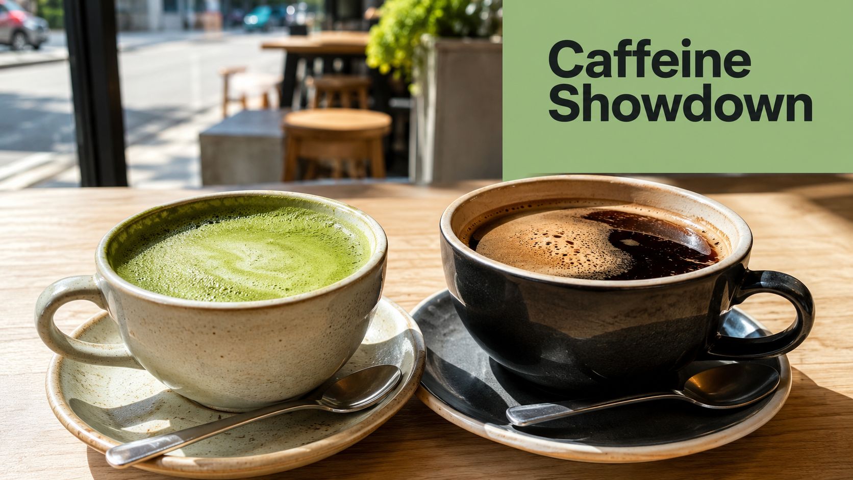 A cup of green matcha tea and a cup of black coffee on a wooden table.