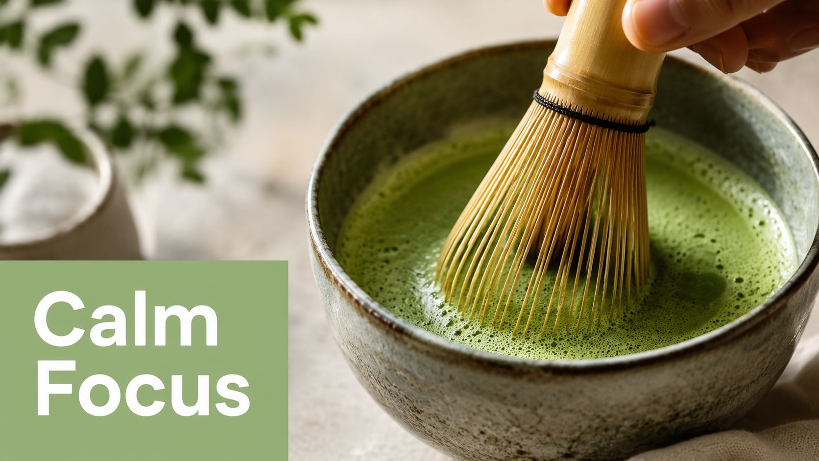 A close up of a bamboo whisk mixing vibrant green matcha tea in a ceramic bowl.
