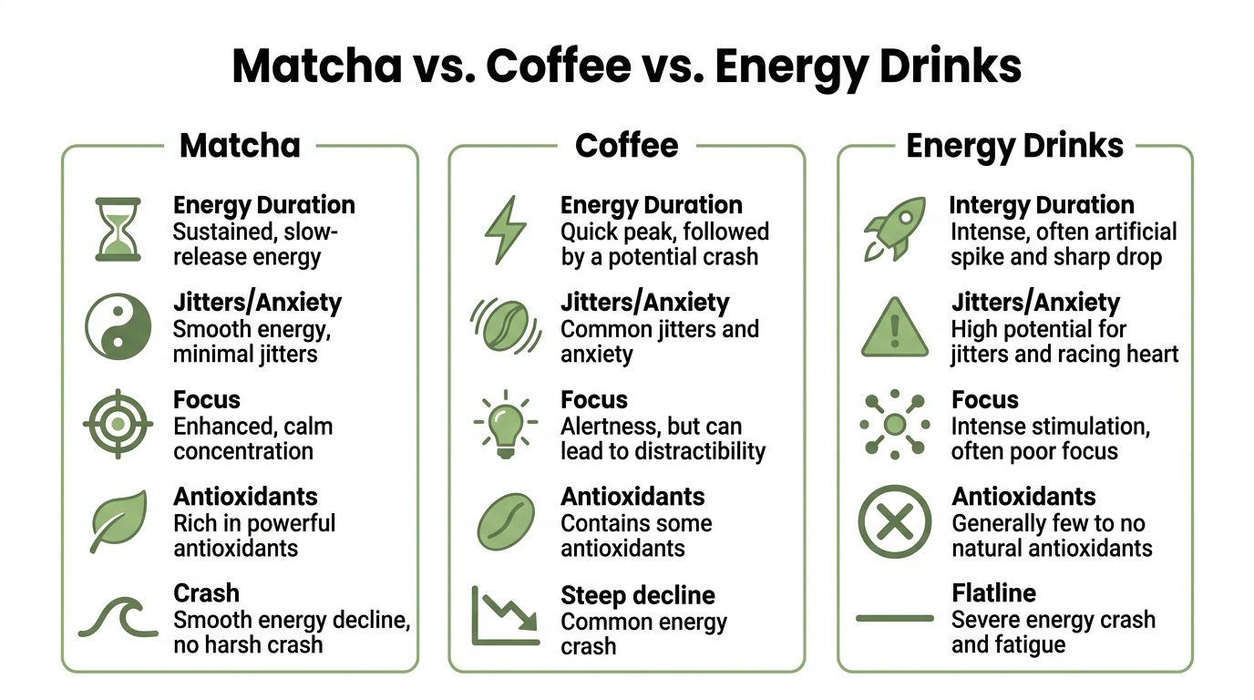 A comparison chart showing differences in energy, jitters, focus, and antioxidants between matcha, coffee, and energy drinks.