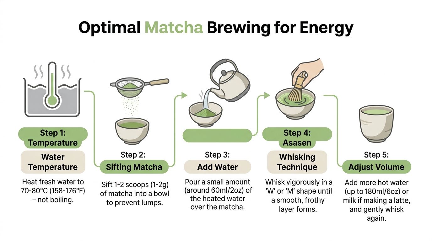 A five-step infographic illustrating the optimal process for brewing matcha tea for maximum energy.