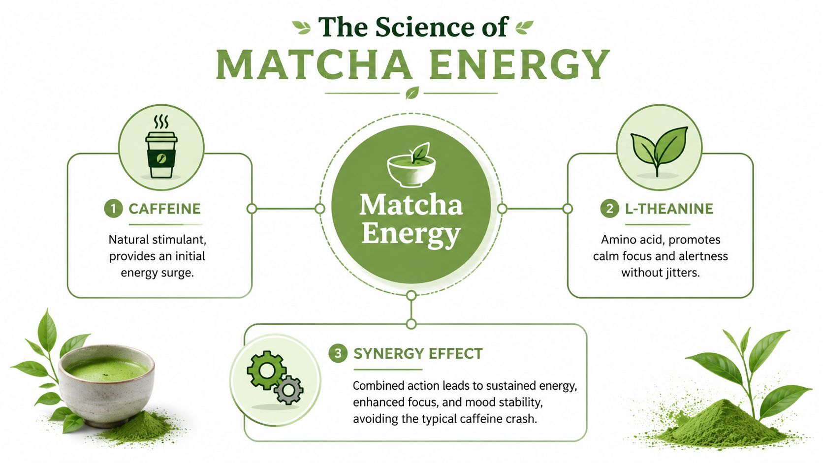 An infographic titled The Science of Matcha Energy explaining caffeine, L-theanine, and their synergy for sustained energy.