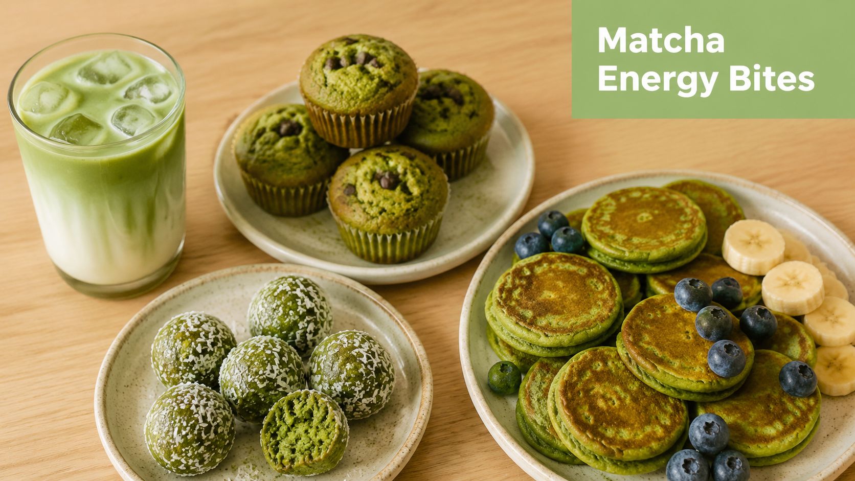 A wooden table featuring a spread of matcha-flavored snacks including muffins, energy bites, pancakes, and a latte.