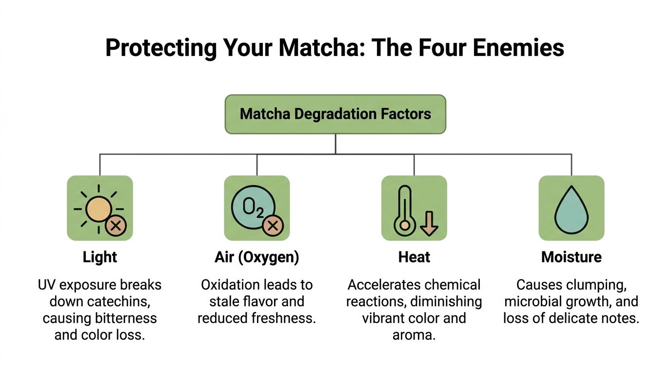 An infographic titled Protecting Your Matcha showing four degradation factors: light, air, heat, and moisture.
