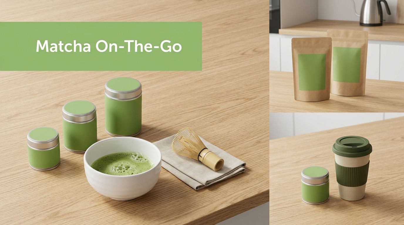 Various matcha tea accessories including green containers, a bamboo whisk, and a bowl of prepared matcha.