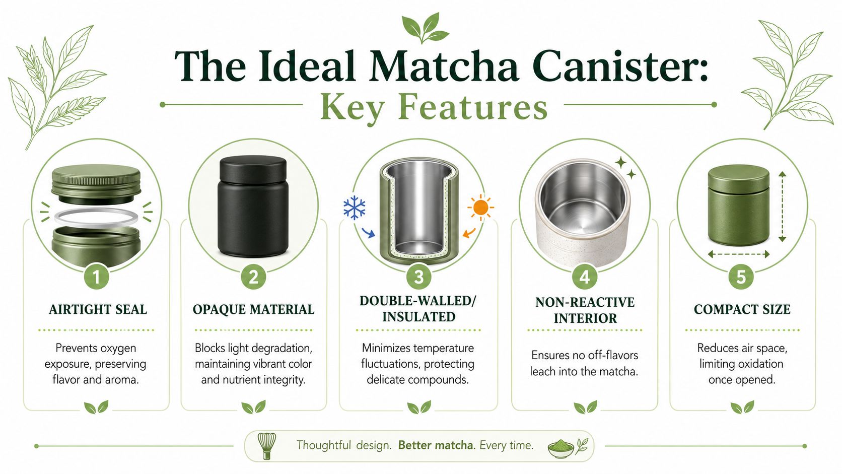 An infographic detailing five essential design features for an ideal matcha powder storage canister to preserve freshness.