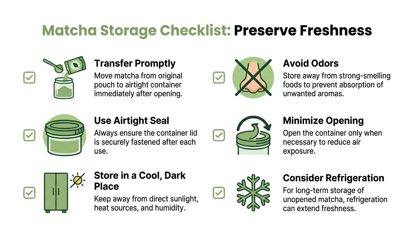 An infographic checklist for matcha storage illustrating tips to keep tea powder fresh and flavorful.