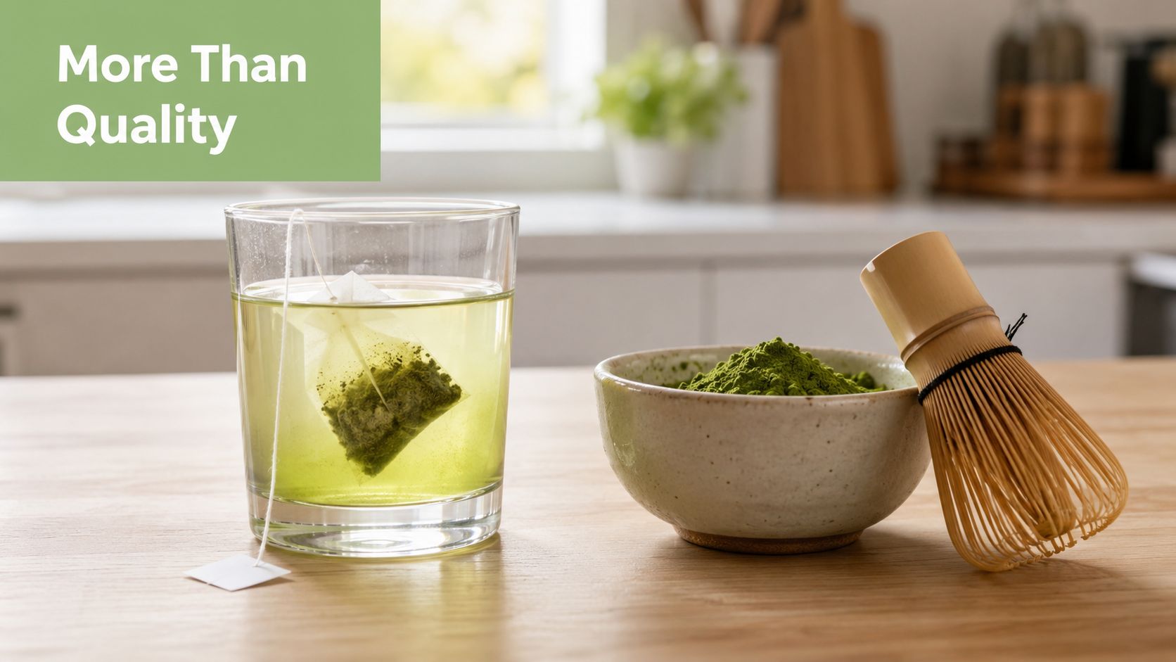 A glass of matcha tea with a tea bag and a bowl of green matcha powder with a bamboo whisk.