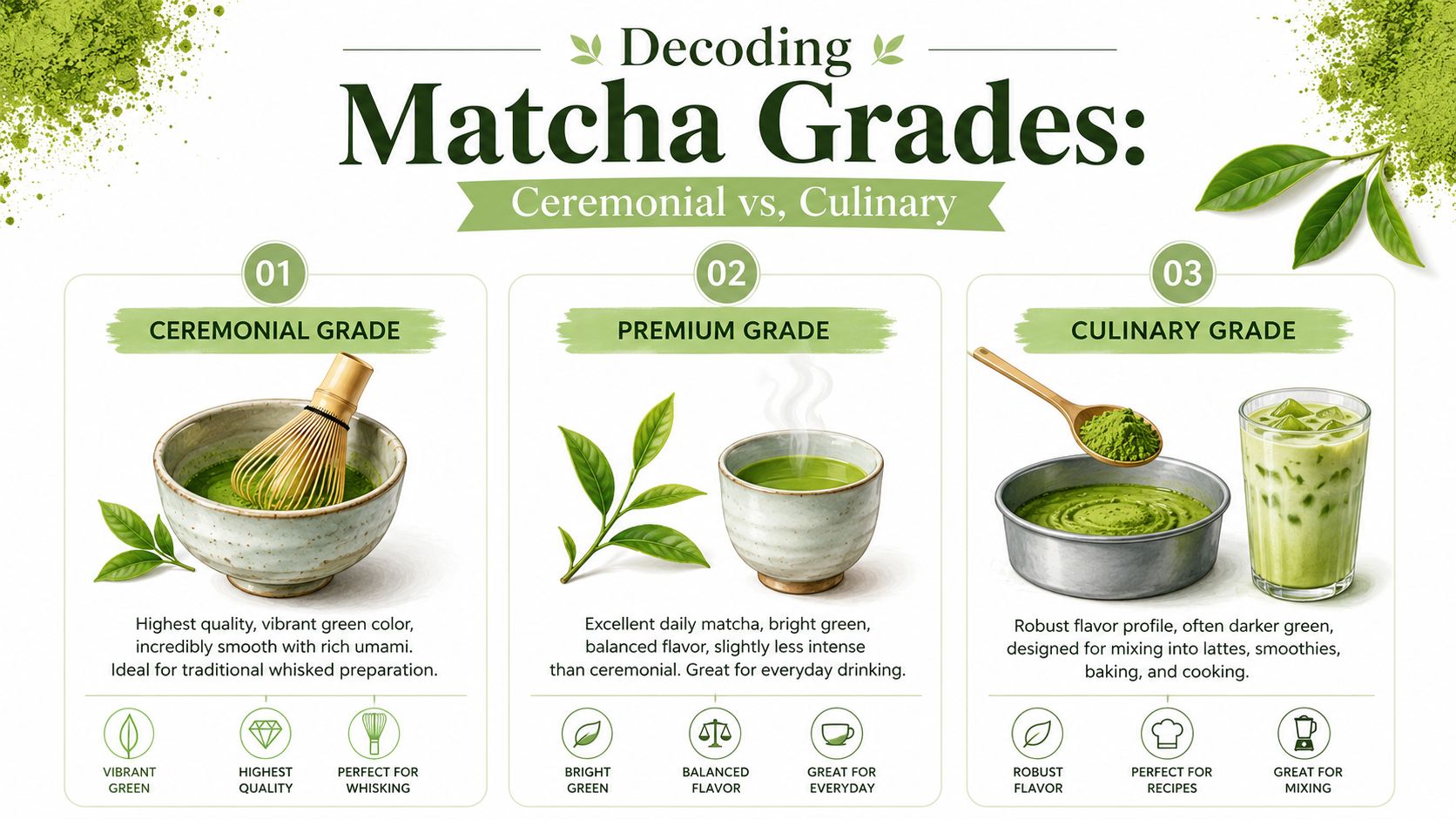 An infographic titled Decoding Matcha Grades comparing Ceremonial, Premium, and Culinary matcha grades with illustrations.