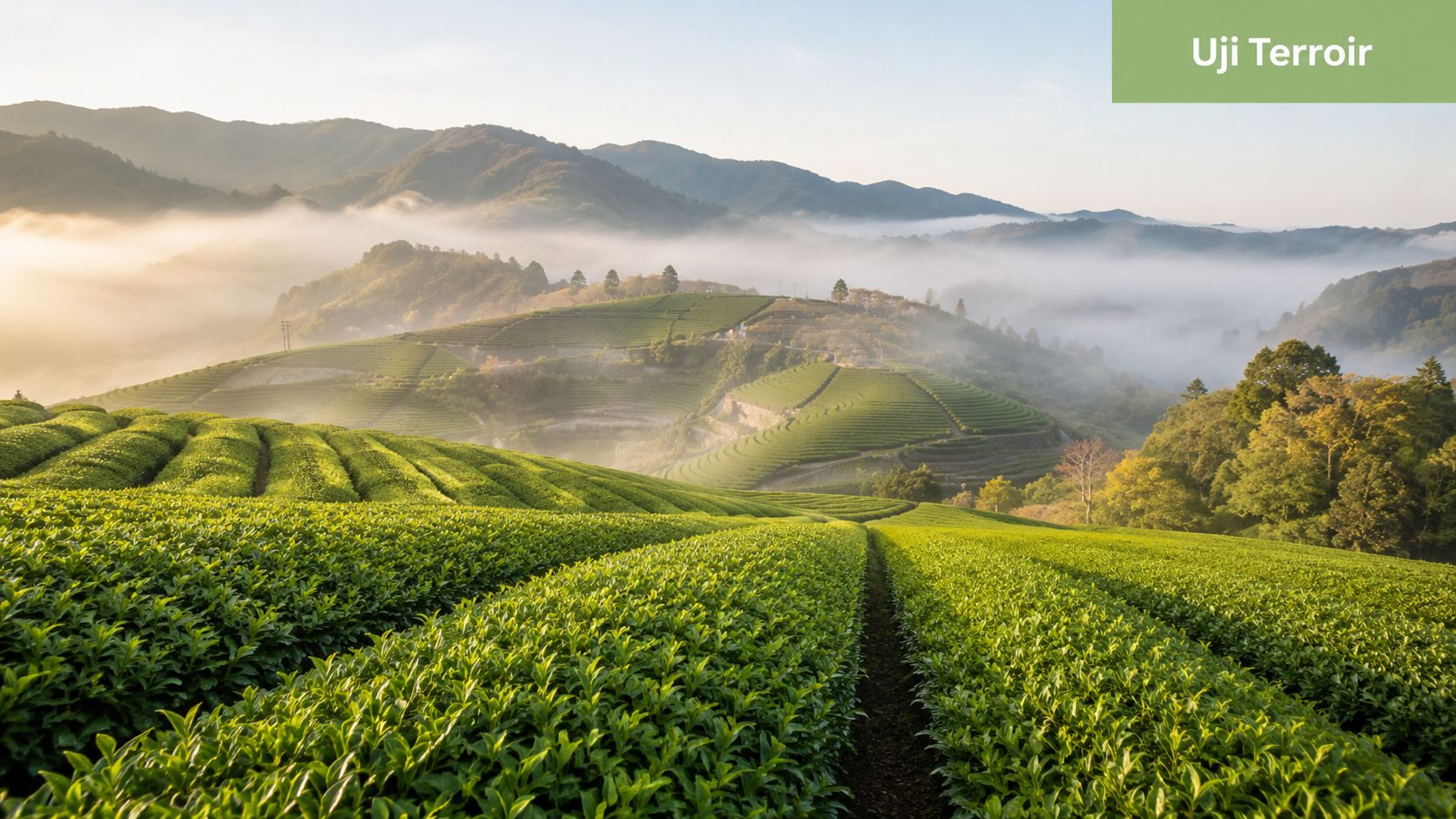 Lush green tea plantations rolling across the misty hills of the Uji region in Kyoto, Japan.