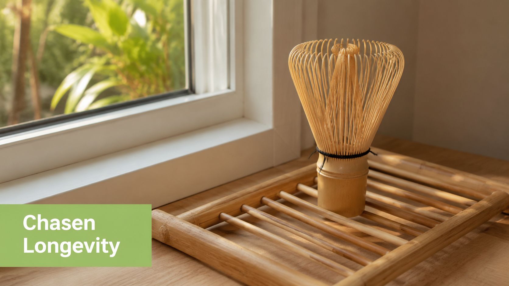 A wooden bamboo matcha whisk resting on a drying rack by a bright window.
