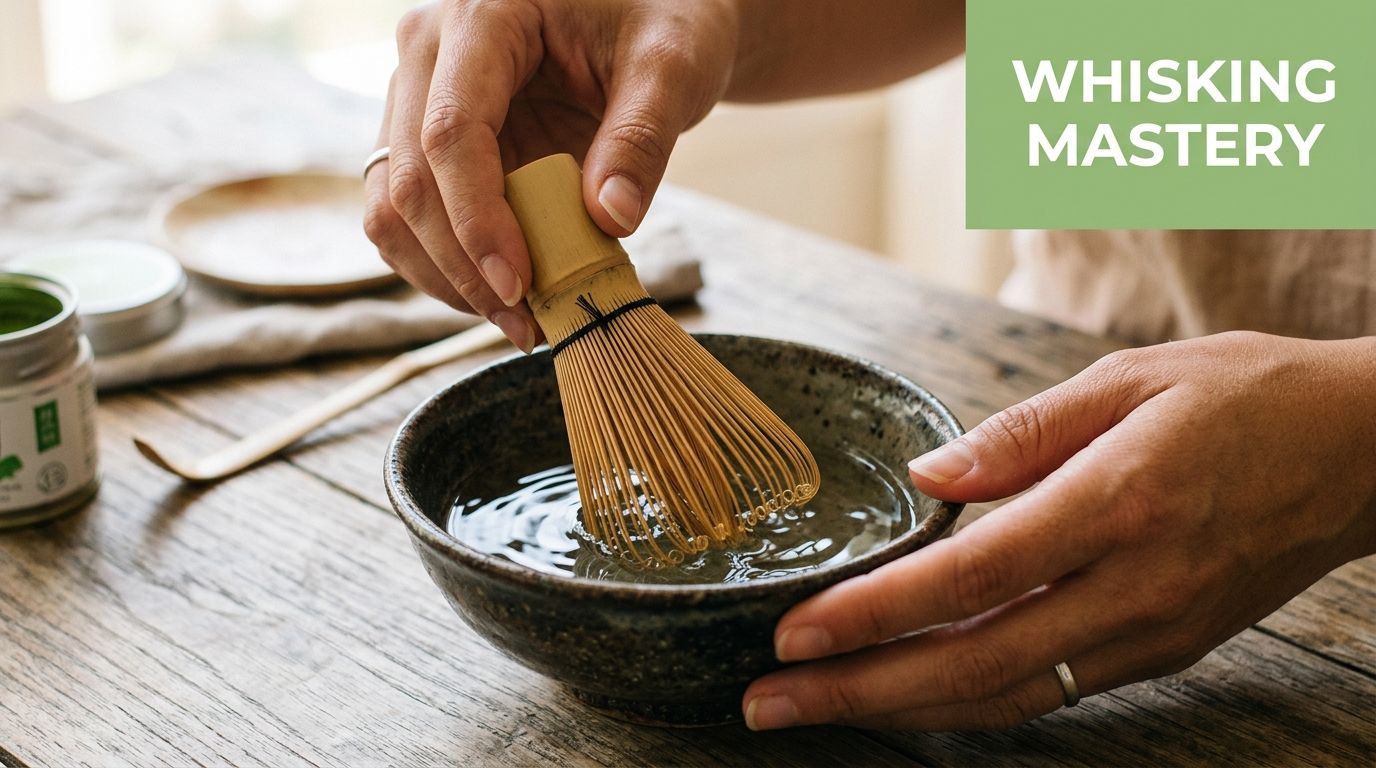 A pair of hands preparing matcha tea using a traditional bamboo whisk in a ceramic bowl.