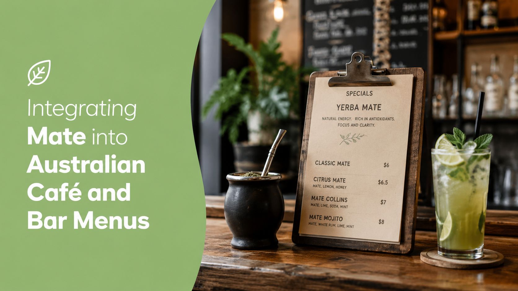 A menu featuring Yerba Mate drinks displayed on a wooden bar next to a refreshing lime cocktail.