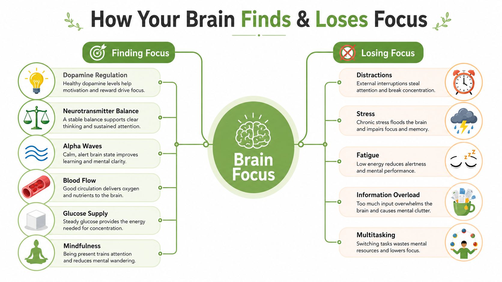 An infographic titled How Your Brain Finds and Loses Focus, explaining biological and environmental factors affecting mental clarity.