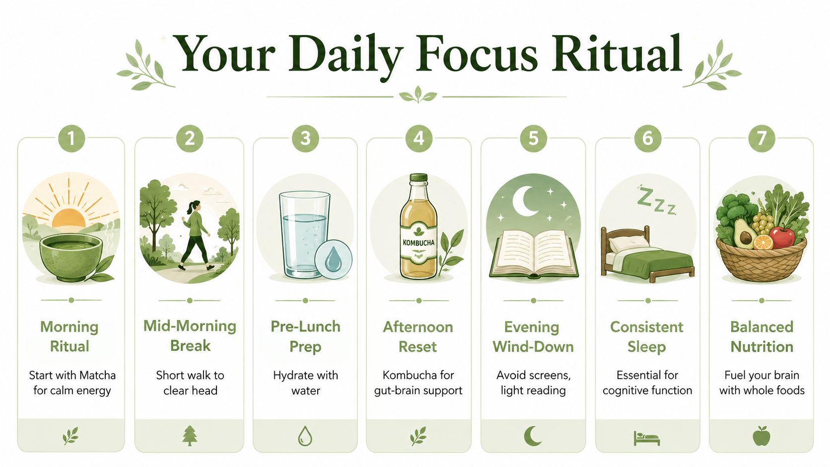 An infographic detailing seven daily habits for better mental focus, including hydration, nutrition, and restorative rest.
