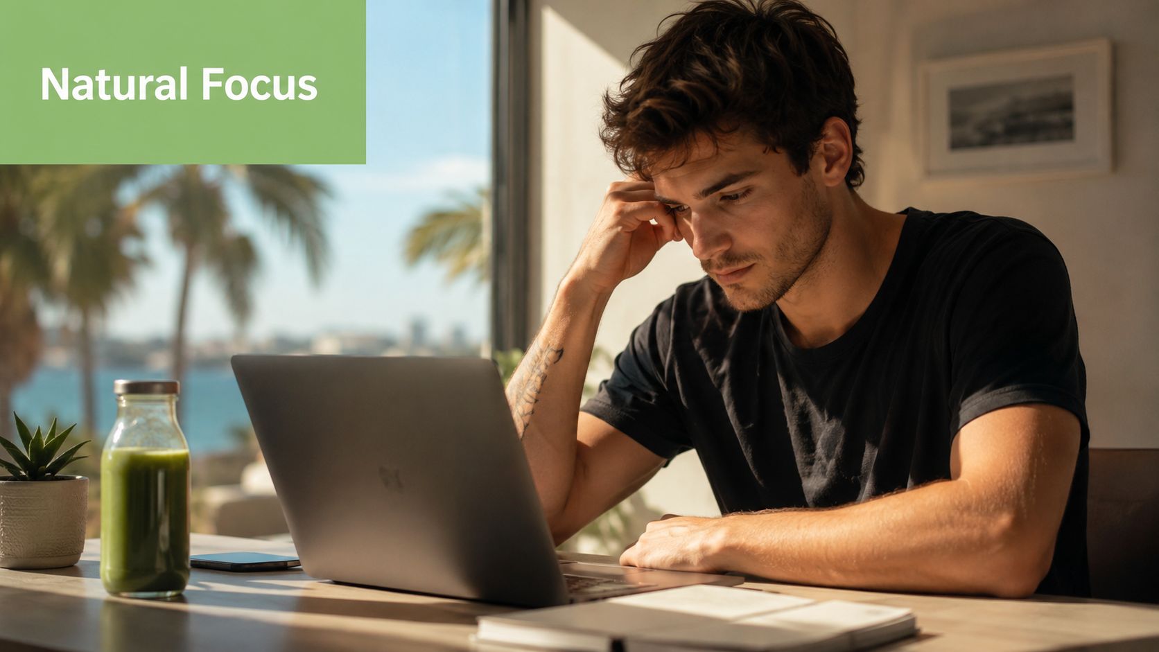 A focused man working on his laptop while sitting by a bright window with a healthy drink.