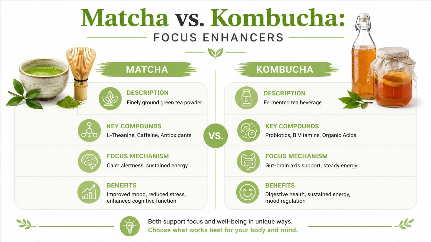 A comparison infographic between Matcha and Kombucha highlighting their benefits, compounds, and mechanisms as focus enhancers.