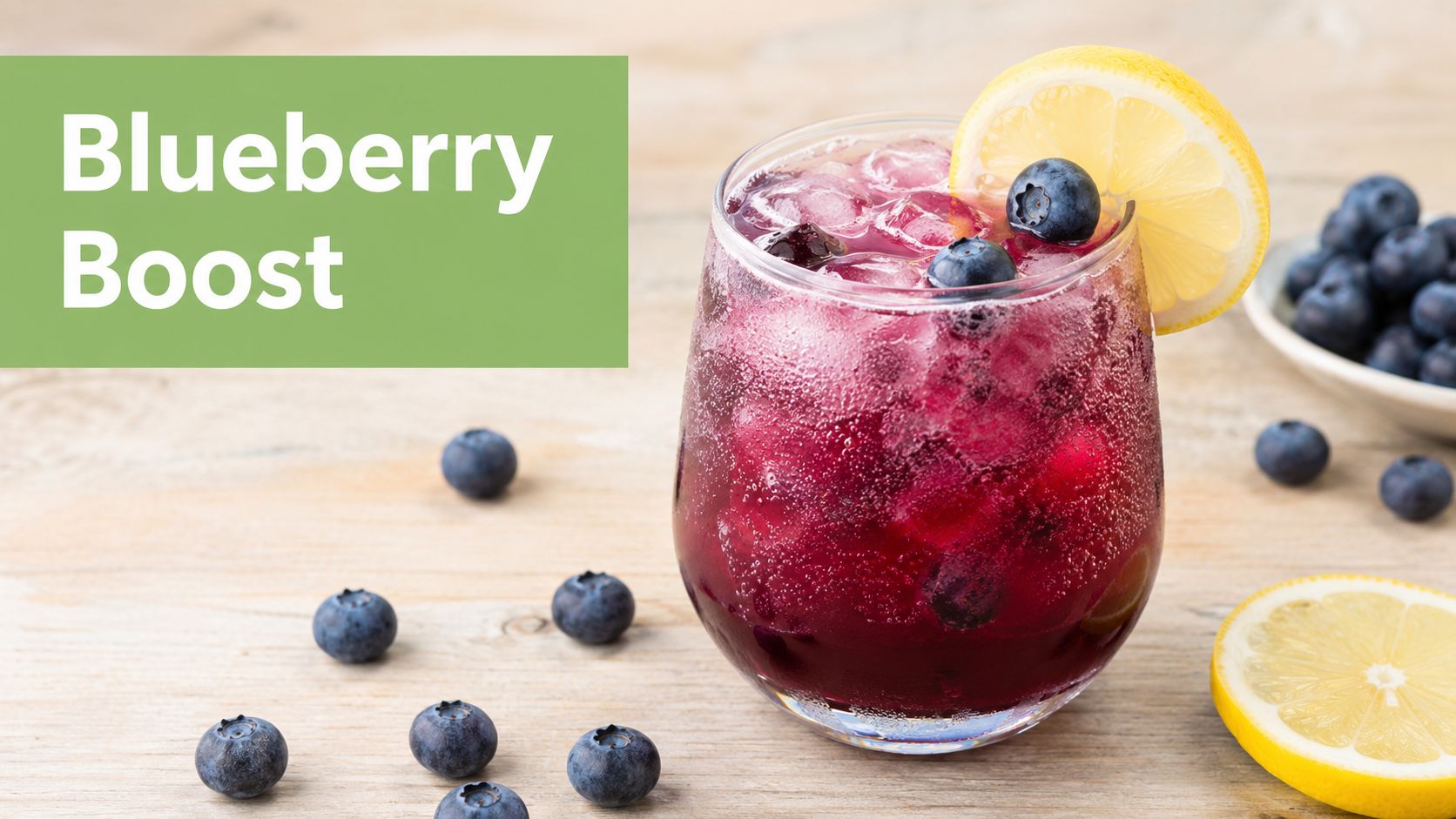 A refreshing blueberry beverage in a glass with ice, garnished with a lemon slice and blueberries.