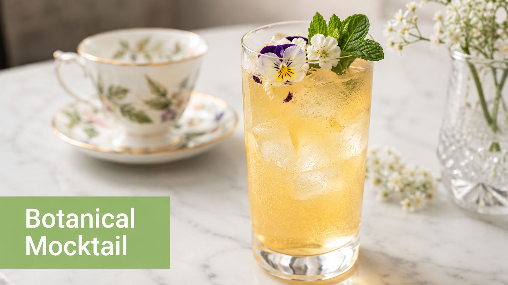 A refreshing botanical mocktail garnished with edible flowers and mint in a tall glass on a table.