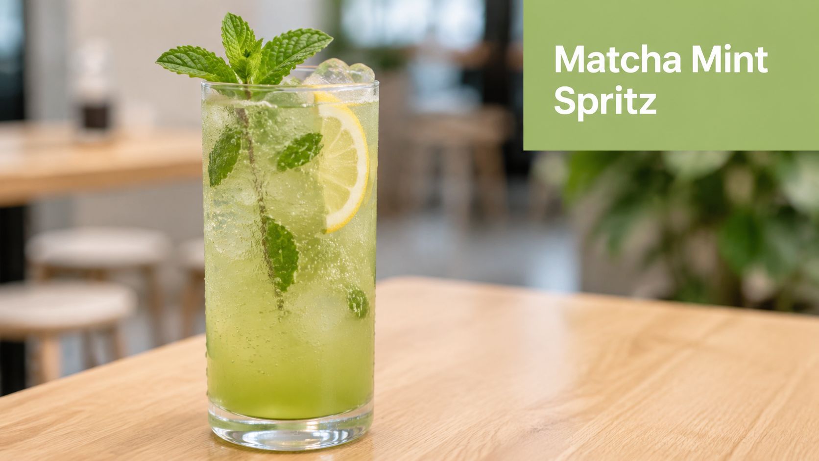 A refreshing green matcha mint spritz cocktail served in a tall glass on a wooden table.