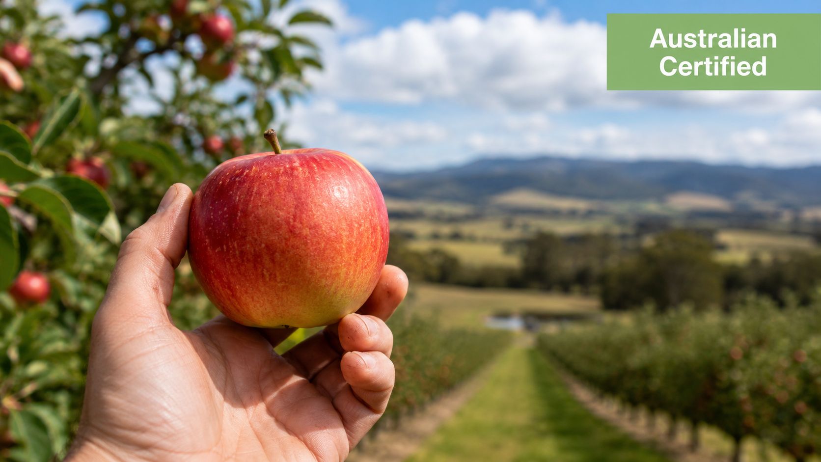 A hand holding a fresh, red apple in an orchard with a beautiful rural mountain landscape.