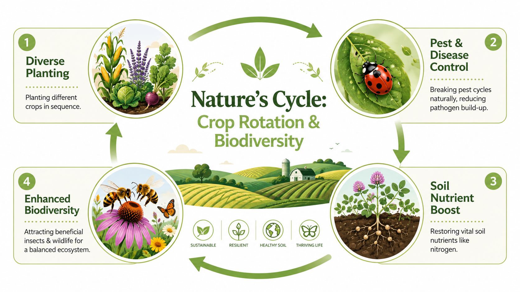 An infographic illustrating the benefits of crop rotation and biodiversity in organic farming cycles.