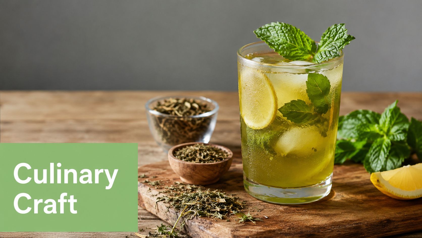 A glass of refreshing organic green rooibos iced tea with fresh mint leaves and a lemon slice.