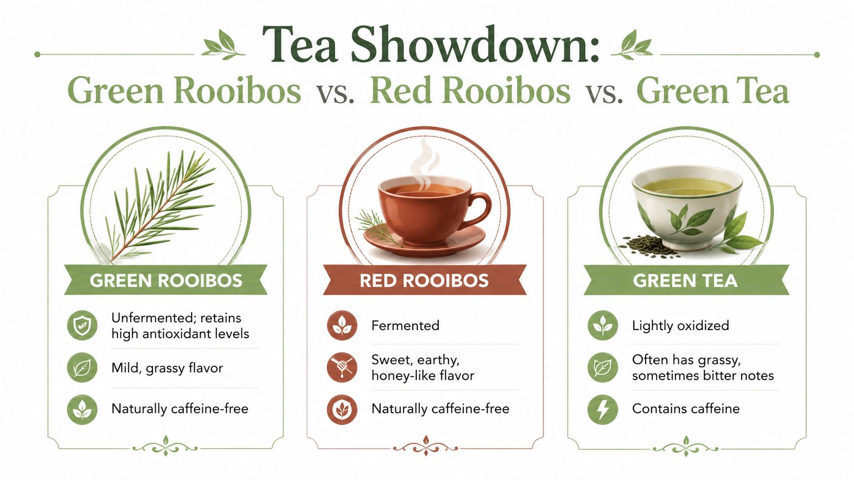 A comparison chart showing the differences between Green Rooibos, Red Rooibos, and Green Tea characteristics.