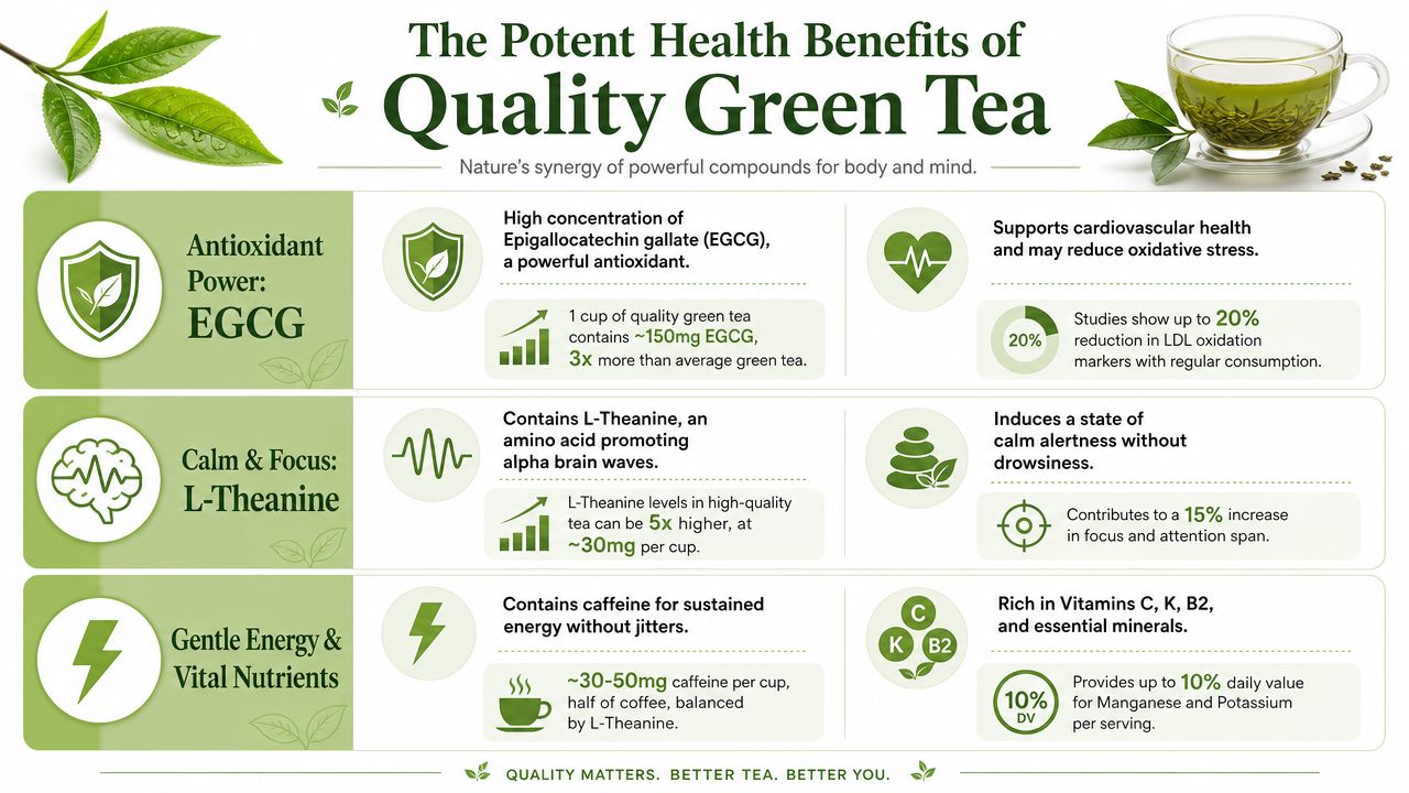 An infographic detailing the health benefits of quality green tea, highlighting EGCG, L-Theanine, caffeine, and vitamins.