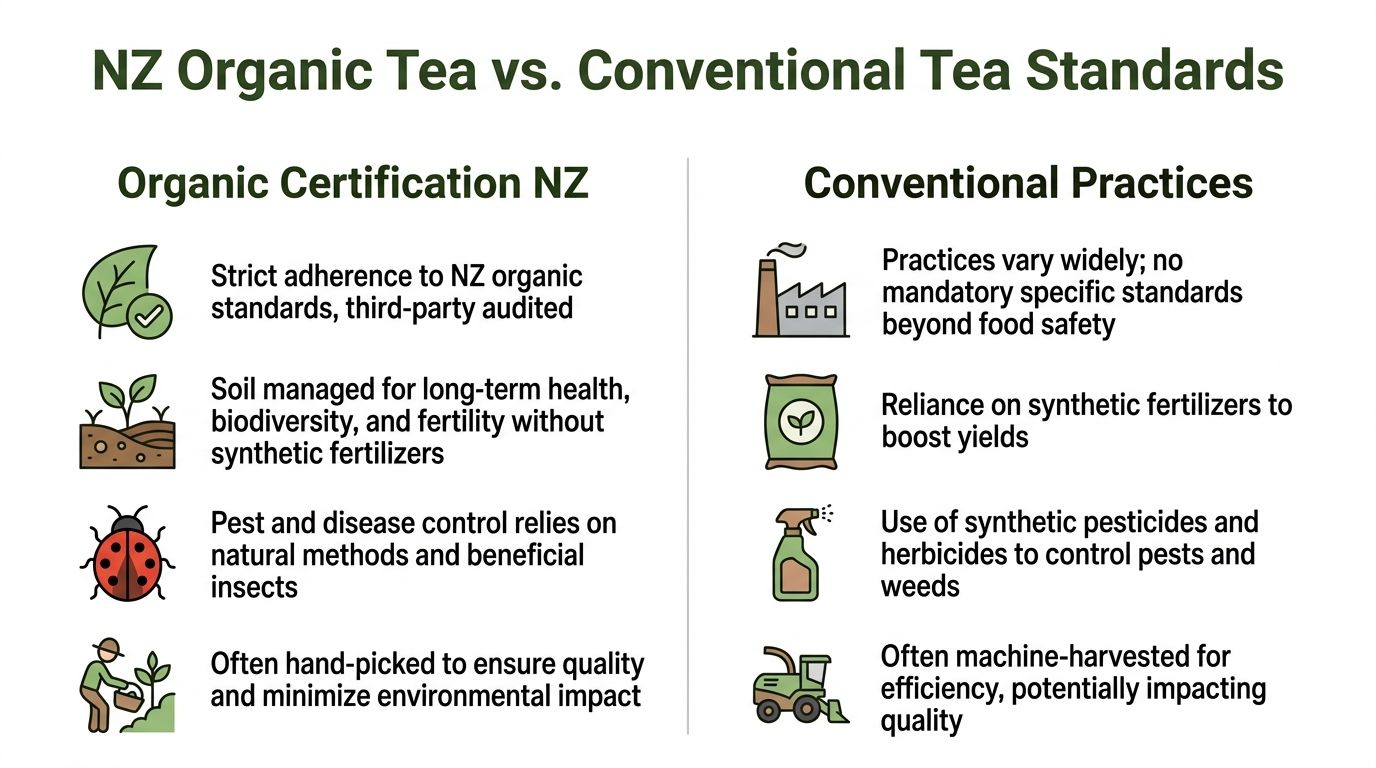 A comparison chart outlining the differences between NZ organic tea standards and conventional tea production methods.