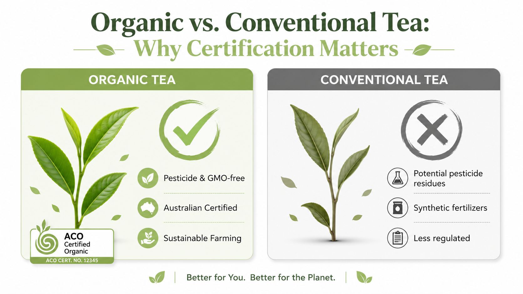 A comparison chart showing the benefits of organic versus conventional tea production and certification.