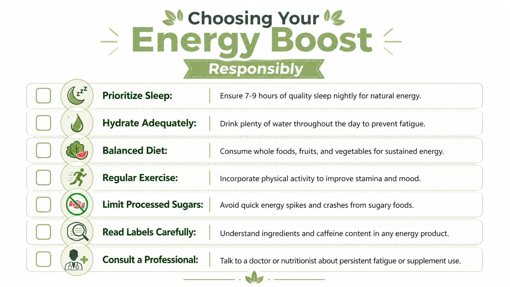 A checklist infographic titled Choosing Your Energy Boost Responsibly providing seven tips for natural energy maintenance.