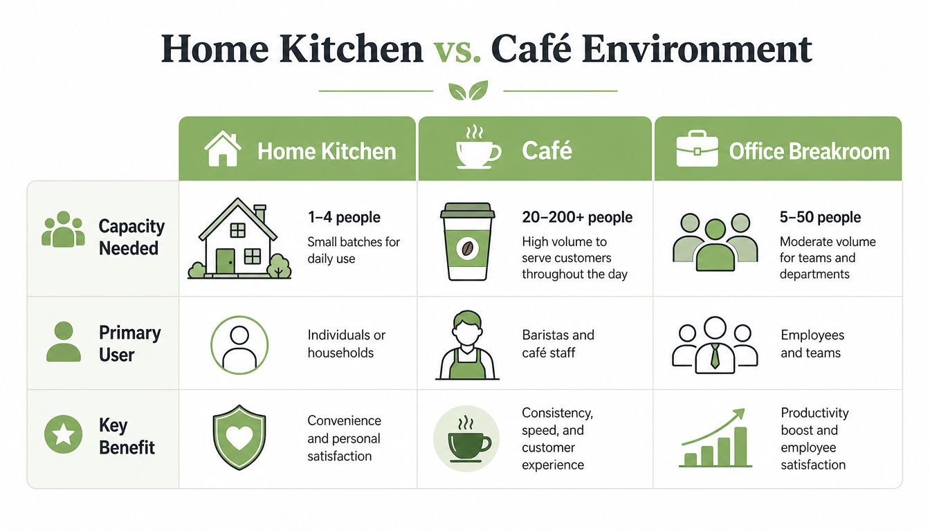 A comparison chart showing capacity, users, and benefits for home kitchen, cafe, and office breakroom environments.