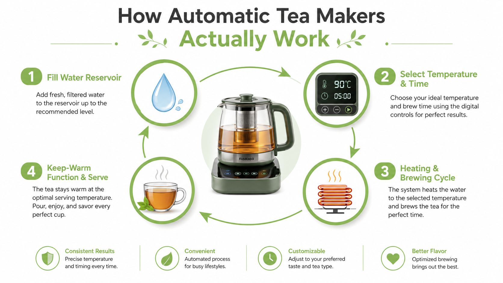 An infographic illustration showing the four-step process of how an automatic tea maker operates.