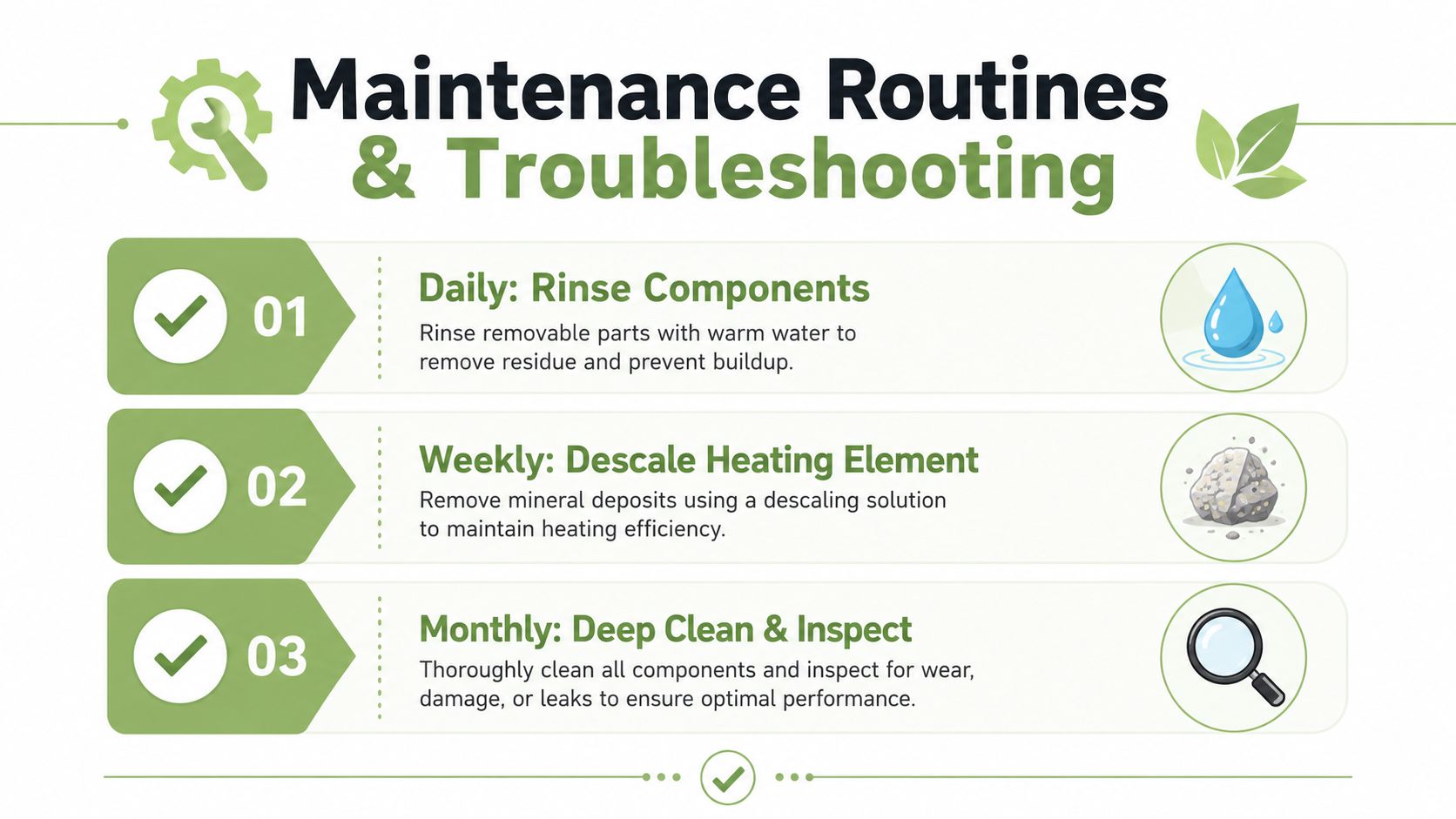 A maintenance guide graphic for an automatic tea maker featuring daily, weekly, and monthly cleaning instructions.