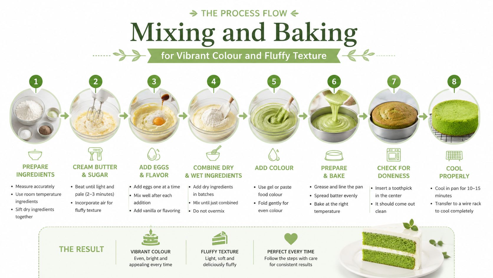 An infographic showing an eight-step process for baking a vibrant green matcha cake with fluffy texture.