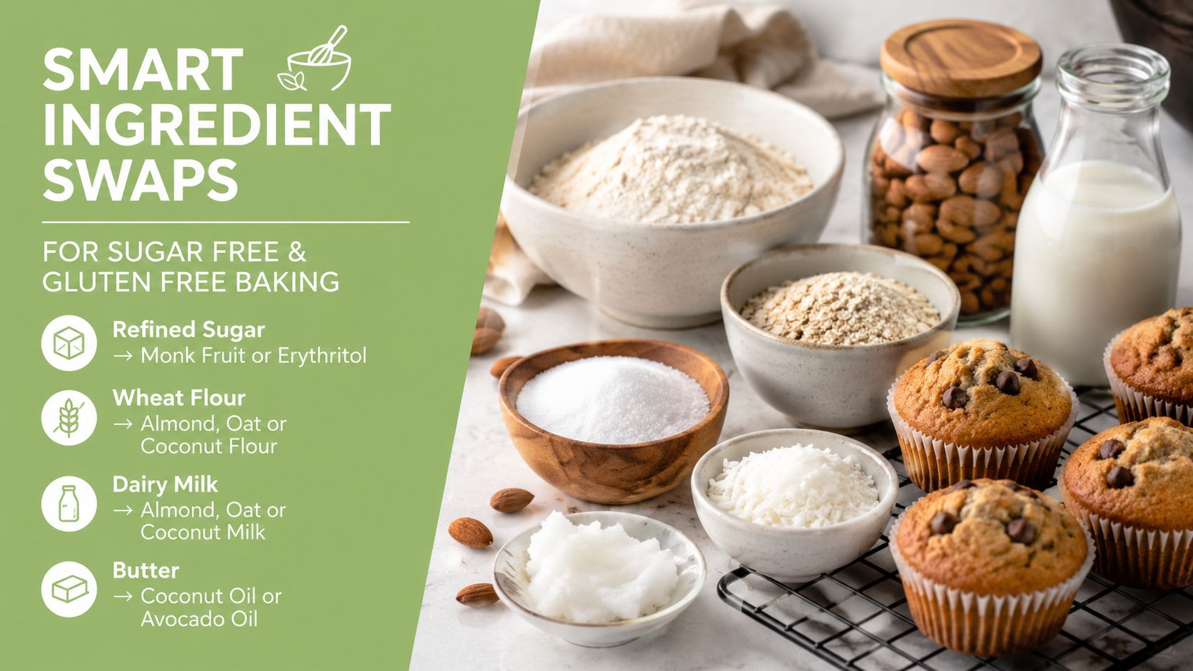 A graphic listing healthy baking ingredient swaps for sugar-free and gluten-free diets next to assorted baking ingredients.