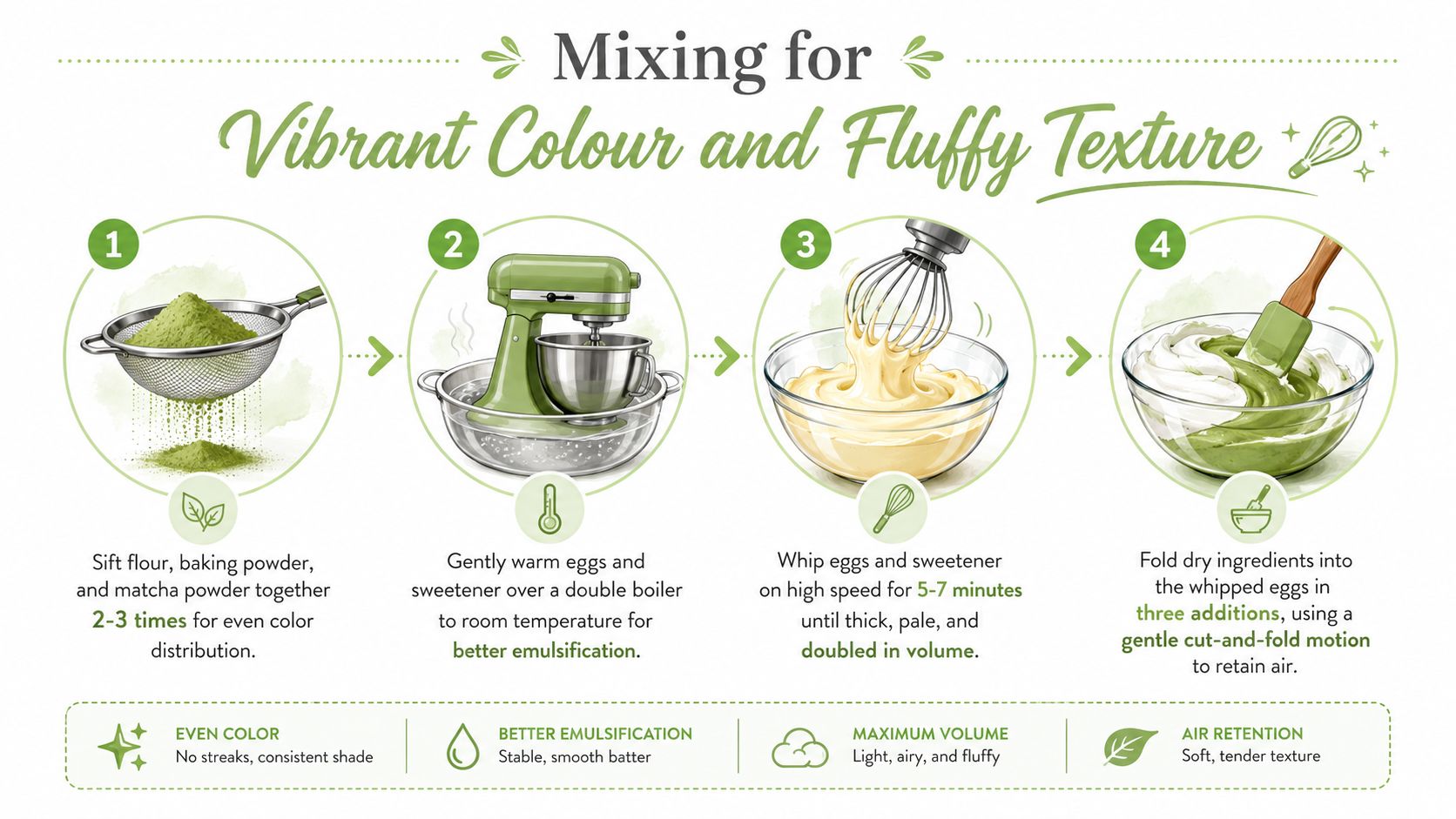 An infographic showing four steps for mixing ingredients to achieve a vibrant matcha cake with fluffy texture.