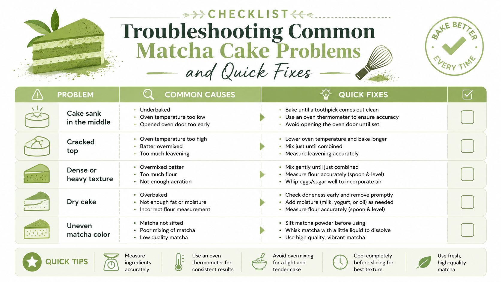 A helpful troubleshooting infographic guide for fixing common baking problems when making homemade matcha green tea cake.