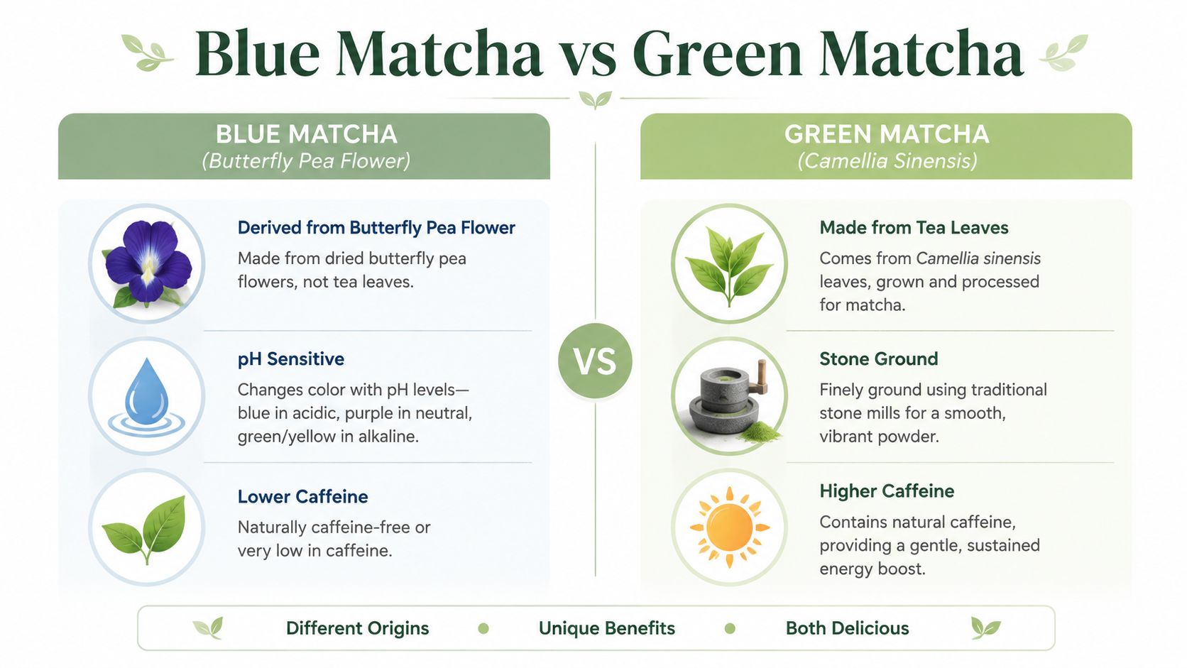 A comparative infographic showing the differences between blue matcha from butterfly pea flowers and green matcha tea.