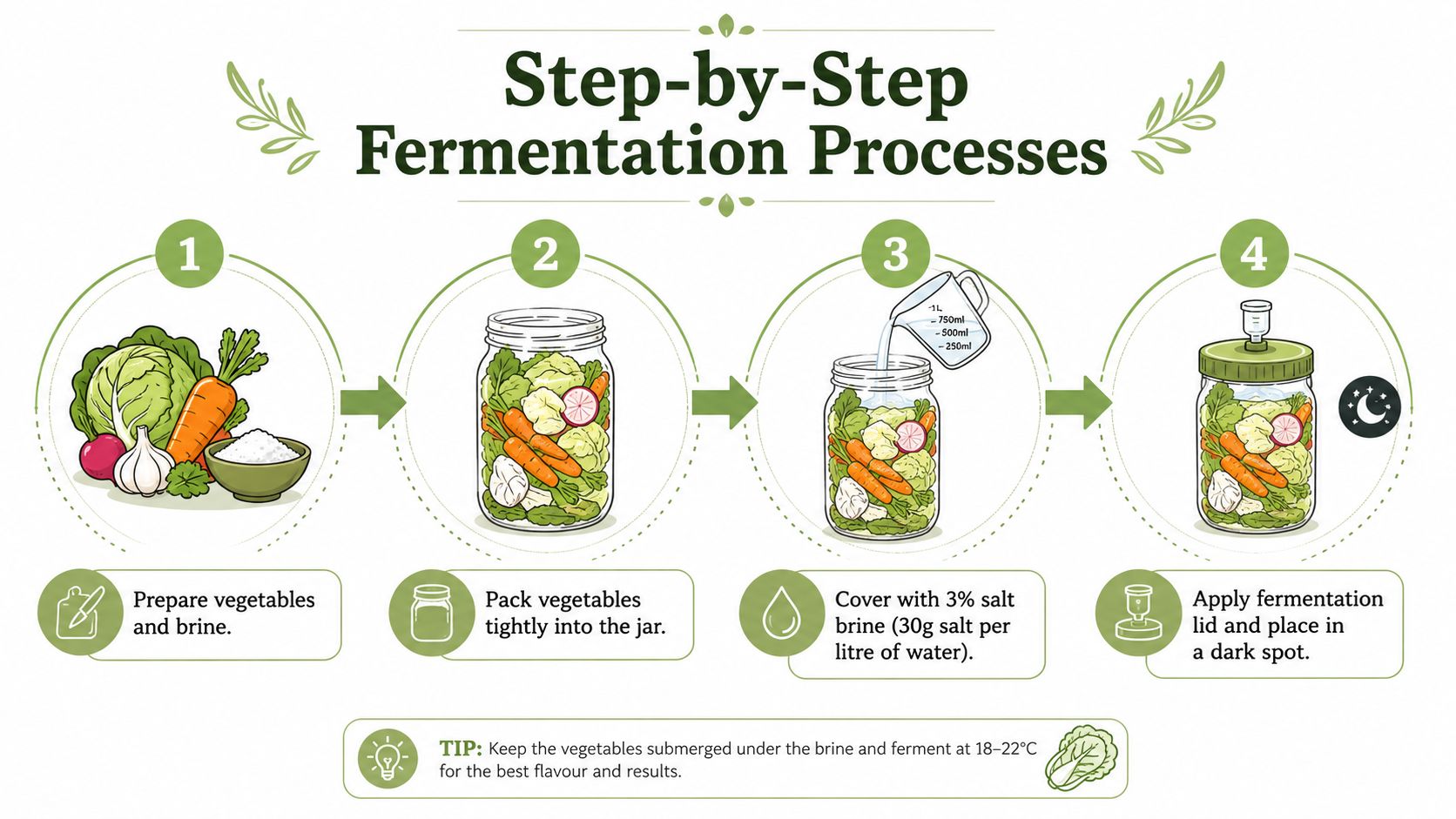 An infographic showing a four-step guide on how to ferment vegetables in a glass jar at home.