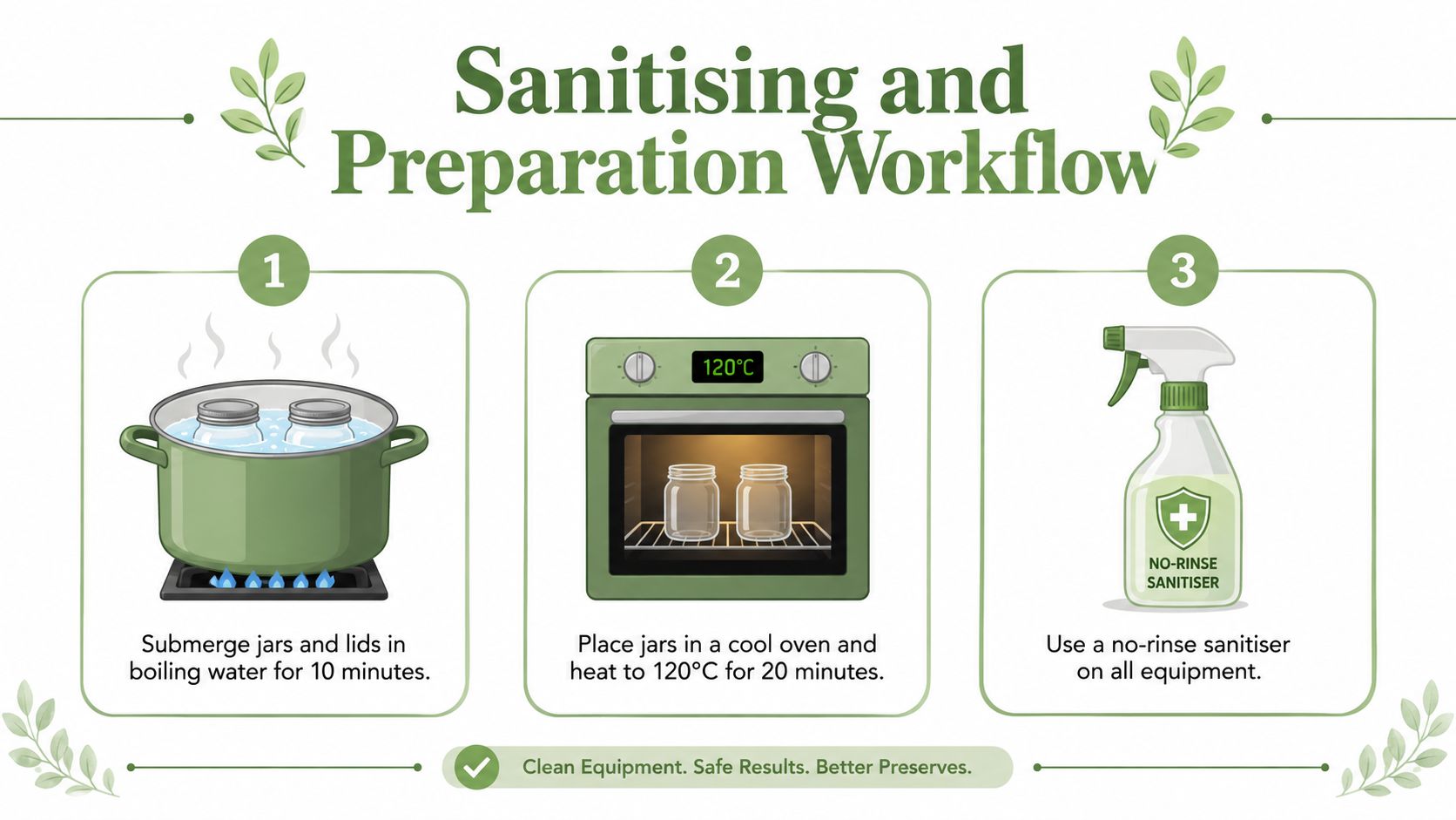 An instructional infographic detailing three methods for sanitising glass jars for safe food preservation.