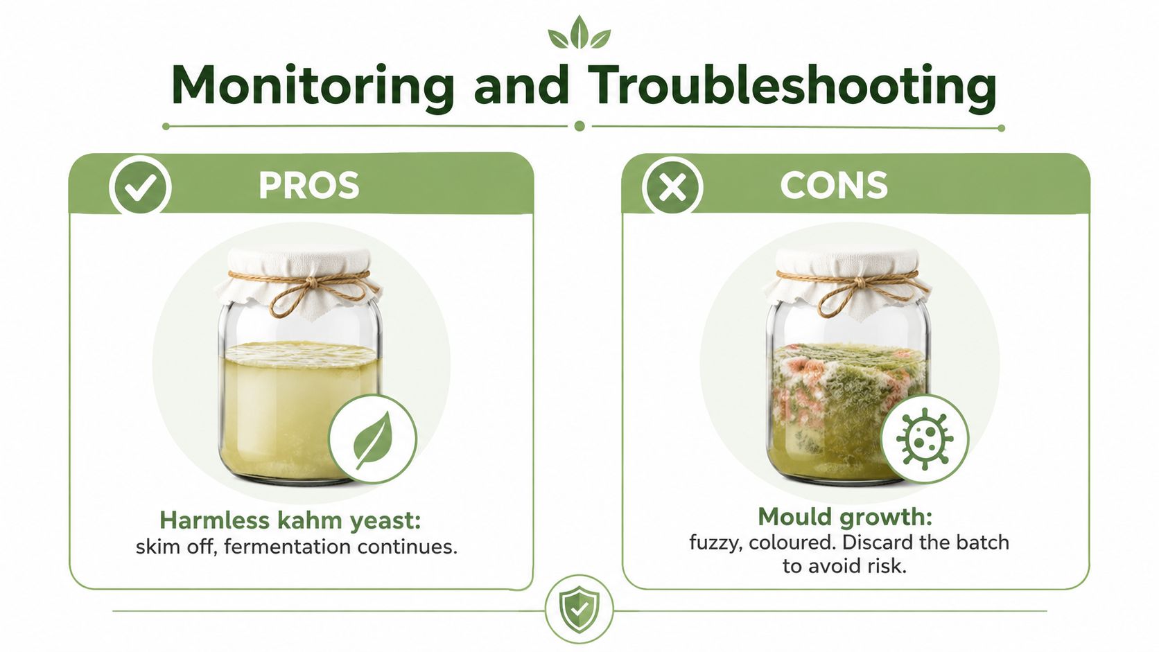 A comparison chart showing harmless kahm yeast and harmful mould growth in a fermenting glass jar.