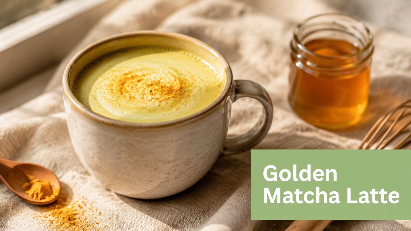 A warm mug of creamy golden matcha latte topped with spice, served with honey and turmeric powder.