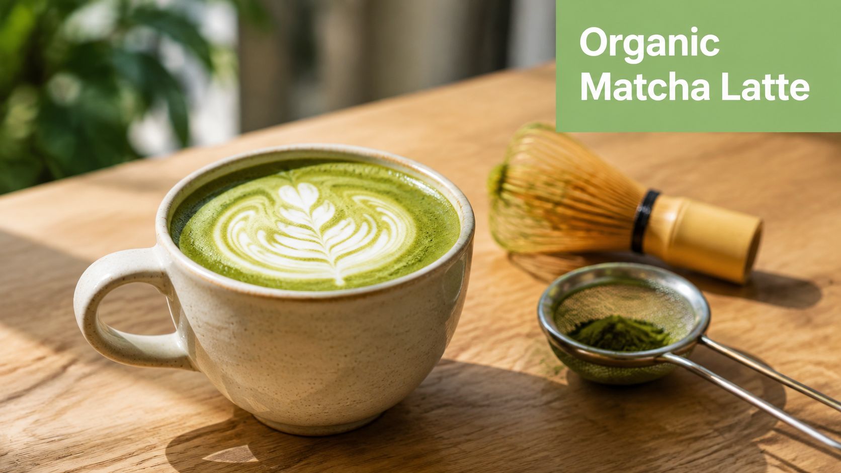 A cup of creamy organic matcha latte with latte art, a bamboo whisk, and green powder.