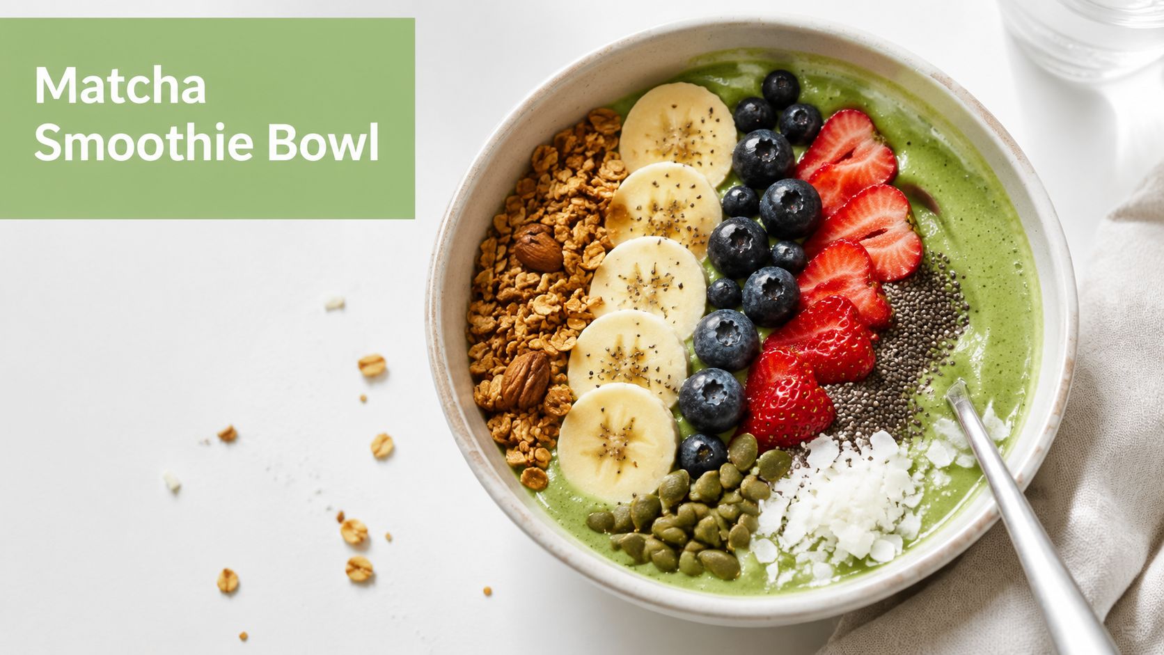 A healthy matcha smoothie bowl topped with banana slices, blueberries, strawberries, granola, seeds, and coconut flakes.