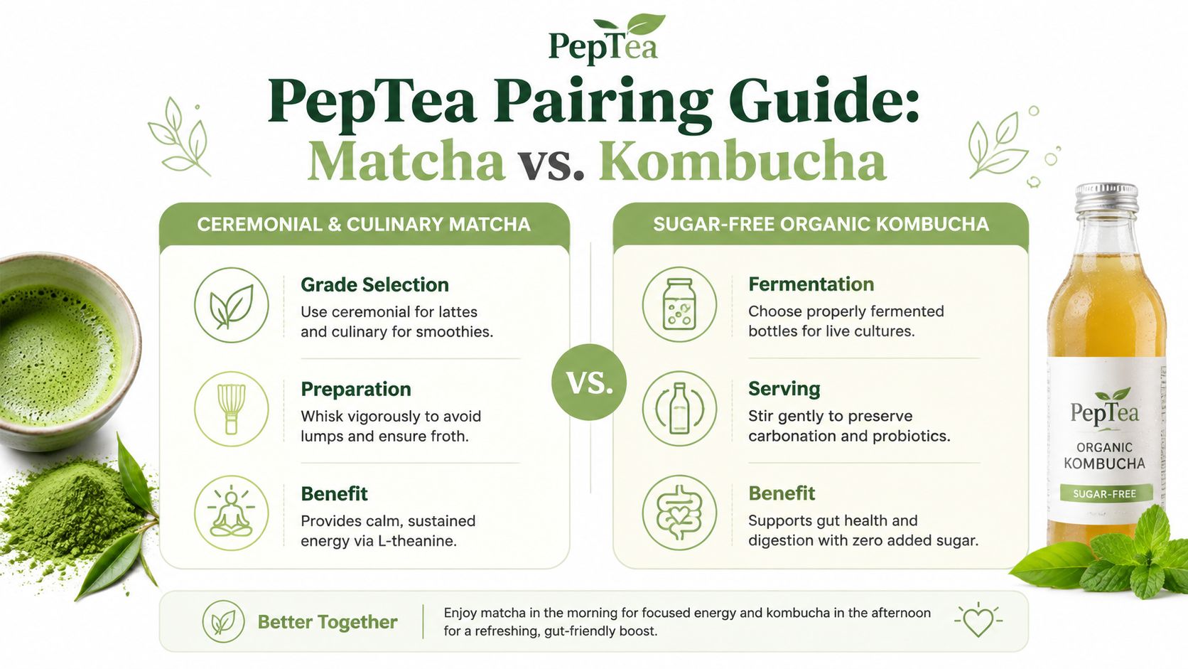 A comparison guide by PepTea explaining the benefits and preparation methods for matcha and organic kombucha drinks.