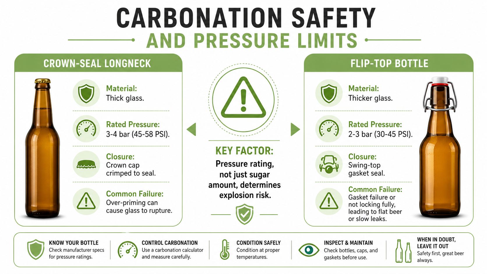 An infographic comparing the pressure ratings and safety features of crown-seal and flip-top home brew beer bottles.