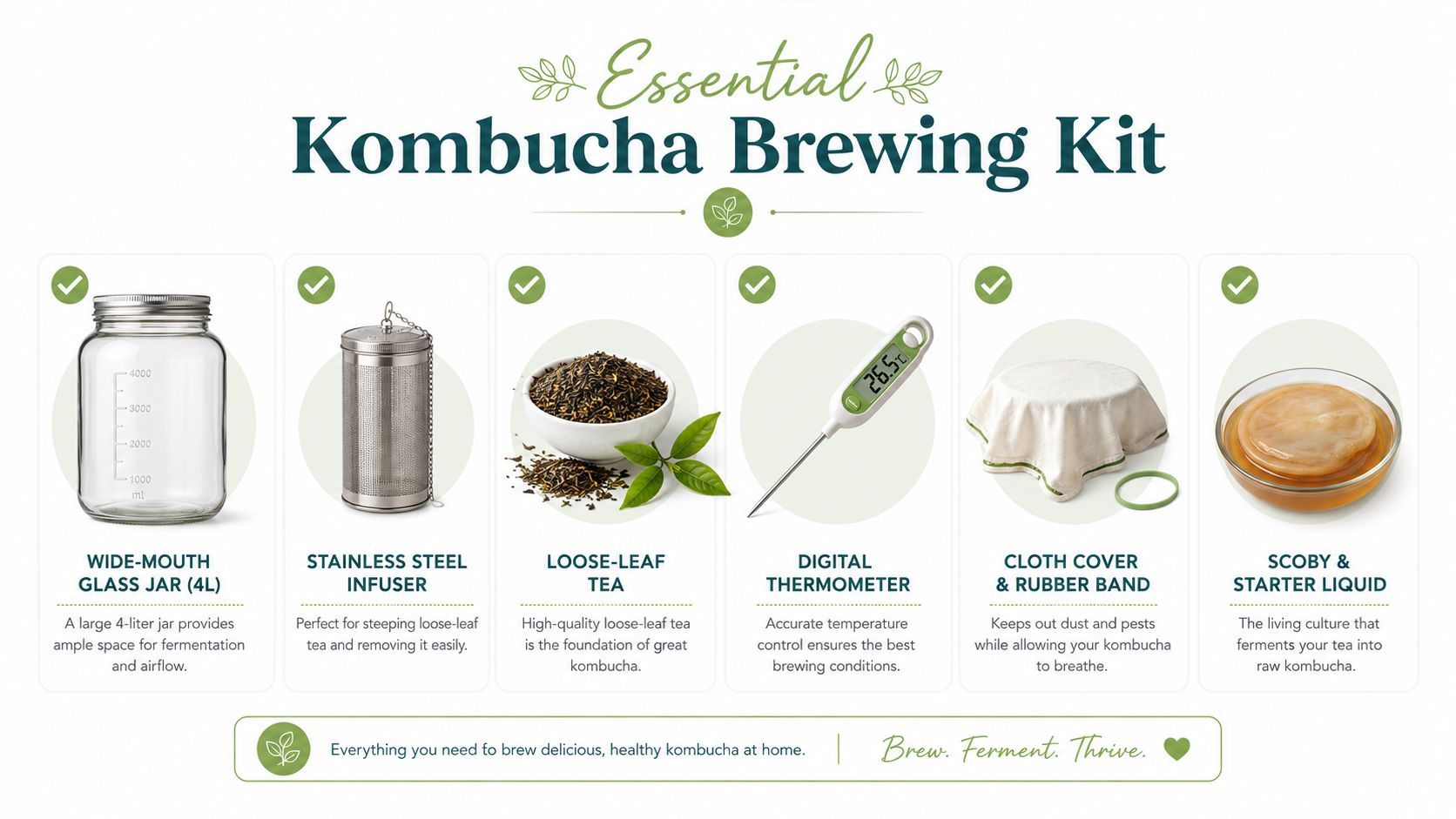 A comprehensive Essential Kombucha Brewing Kit showing all necessary ingredients and tools for home fermentation.