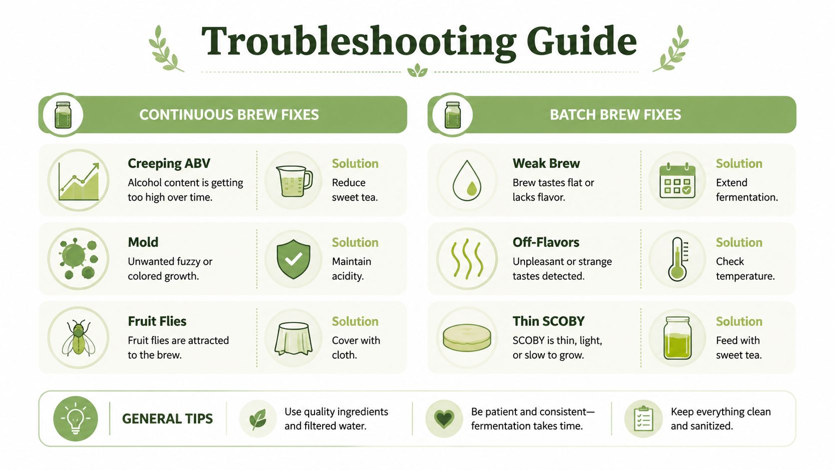 A troubleshooting guide for kombucha fermentation, comparing solutions for continuous brew and batch brew common issues.