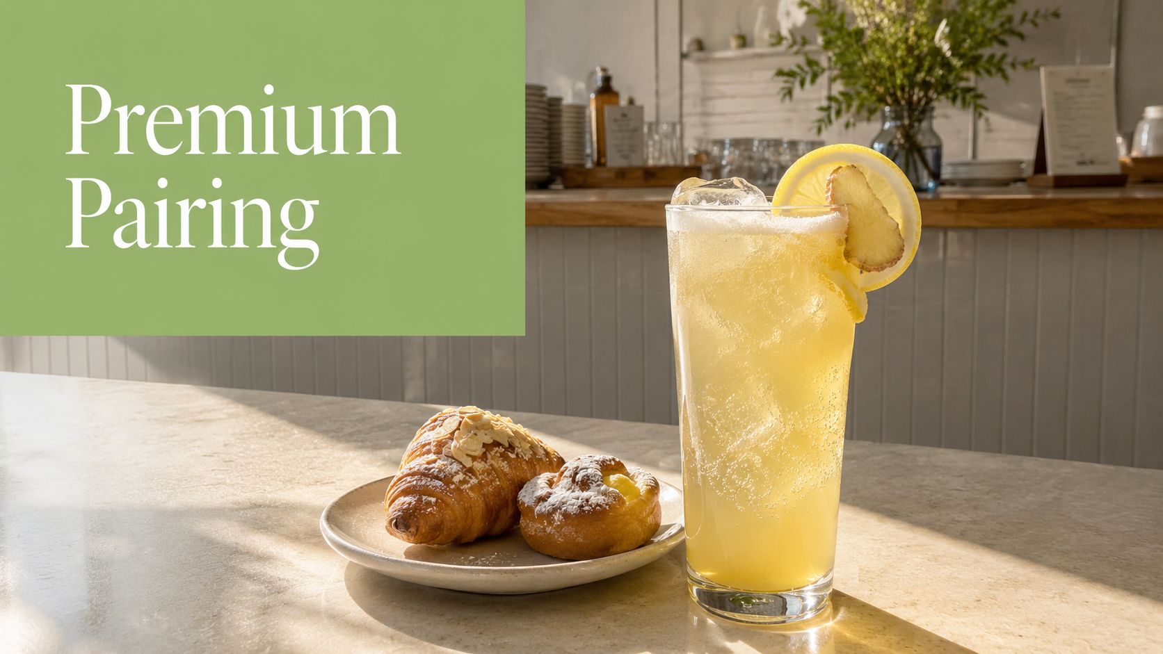 A refreshing glass of lemon ginger kombucha next to a plate with a croissant and pastry.